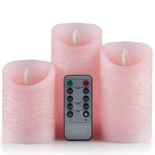 Yixintech LED Candle Lights, Real Flame-Flickering LED Candle Lights with Remote Control, Real Wax Set of 3, Wobble Timer, Brightness Control (Pink)