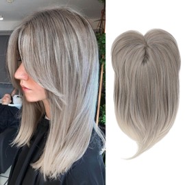 KUIRAN Short Layered Hair Topper with Bangs for Women - 18 Inch Ends Wiglets, Synthetic Fiber Pieces for Thinning Hair - Ombre Blonde with Dark Brown Root