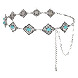 LEACOOLKEY Women Concho Metal Chain Belt Western Cowgirl Turquoise Chain Belt for Dresses Jeans, Silver