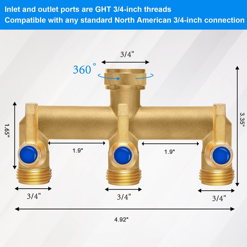 Brass Garden Hose Splitter, 3 Way Hose Splitter, Outdoor Hose