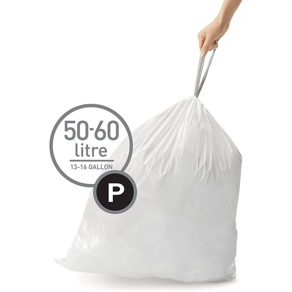 simplehuman Code P Custom Fit Drawstring Trash Bags, 50-60 Liter / 13-16 Gallon, White, 200 Count