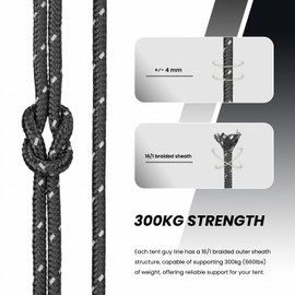 Abma Cord Guy Ropes Tent Cord with Pack of 10 Rope Tensioners 4 mm 50 m Tent Rope for Camping, Tents, Awning, Reflective Black