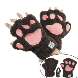 Ylucky Girls Cartoon Bear Claw Gloves Half Finger Paw Gloves Winter Warm Plush Faux Fur Mittens Hand Wear
