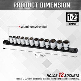 ALOANES 1/2-Inch Drive Magnetic Socket Organizer, Heavy Duty Aluminum Socket Rail Organizer, 360° Swivel Clips Socket Holder Kit for Tool Box, 1/2 Inch Socket Holder x 12 Clips (Black)