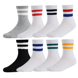 CHUNG Toddler Boys Girls Kids Athletic Cotton Basic Crew Socks with Retro Stripes Autumn School Uniform Casual Sports Running,8Stripes,5-7Y