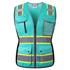 HATAUNKI High Visibility Reflection Peacock Mesh Safety Vests with 8 Pockets and Front Zipper, hi vis safety vest for Women, Meets ANSI/ISEA Standards(Peacock-16,L)