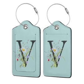 2 Pack Blue Luggage Tag for Suitcase, Black Letter V Boho Flowers Leaves Floral Pu Leather Suitcase Tag with Loop & Privacy Cover Name Id Label for Bags Backpacks Women Men Baggage Travel Essentials