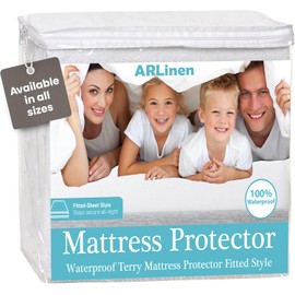 ARlinen 1 PC Olympic Queen Mattress Protector Fitted Style, Terry Cotton, Waterproof, Breathable, Noiseless Mattress Cover Fits Upto 15'' Deep Pocket, White
