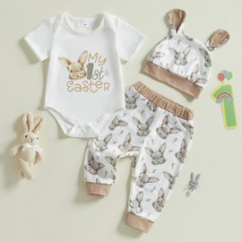 Nicoxijia Newborn Baby Boy Bunny Easter Outfit Carrot Print Short Sleeve Romper Long Pants Hat Infant My First Easter Clothes (Khaki, 3-6 Months)
