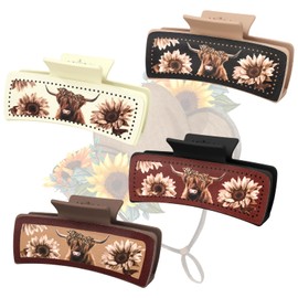 CIEHER 4 Pack Western Leather Hair Claw Clips Sunflower Floral Square Claw Clips Southwest Cow Print Large Claws Western Cowgirl Stuff Gifts for Women Girls - Style 1