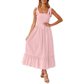 ZESICA Women's 2025 Summer Boho Spaghetti Strap Square Neck Solid Color Ruffle A Line Beach Long Maxi Dress,Pink,X-Small