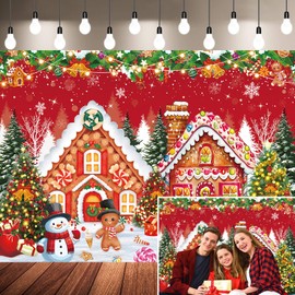 Christmas Gingerbread House Backdrop Winter Merry Xmas Tree Gingerbread Snowman Photography Background Kids Adults Winter Family Holiday Party Red Christmas Theme Decoration (8x6FT)