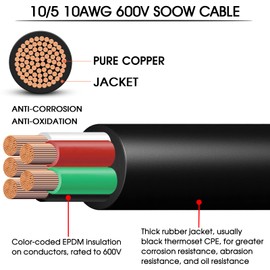 10/5 Wire 10 AWG SOOW Wire 10 Gauge,10/5 Portable Power Cable 10 Gauge 5 Conductor Electric Cable SOOW Extension Cord for NEMA 14-30amp Generator,Welder,Portable Light,EV Car Charger,Motor Lead-35ft