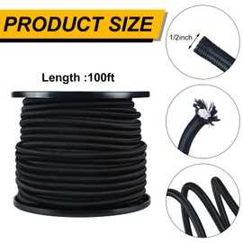Wesnoy 1/2 Inch 100ft Shock Cord, Black Elastic Cord, Marine Grade Shock Cord Polyester Stretch Cord Bungee Rope for DIY Projects, Tie Downs, Recreation, Indoor and Outdoor Use