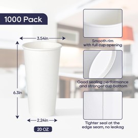 LITOPAK 1000 pack Paper Cup Disposable 20 oz, Bulk White Paper Cups, Hot Paper Coffee Cups for Offices, Schools, Shops, Restaurants
