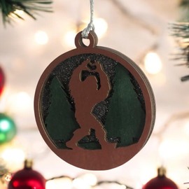 Bigfoot Heart Hands 3D Wood Christmas Ornament - Handcrafted Sasquatch Forest Scene, 3" Round Laser Cut