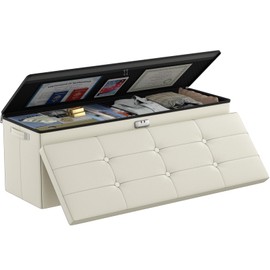 DocSafe Storage Ottoman Bench,Fireproof＆Waterproof Folding Storage Bench with Lock(15”x 43”x15”),Leather Storage Chest with Handles＆2 Extra Storage Boxes,Storage Safe for Bedroom,Living Room,Beige