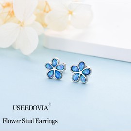 Sterling Silver Stud Earrings for Women Grils, Silver Blue Opal Flower Stud Earrings Hypoallergenic Jewelry Gifts for Birthday Wedding, 10mm