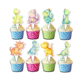24 PCS Dinosaur Cupcake Toppers - Cute Dino Party Decorations for Kids Birthday and Baby Showers