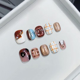 TENPAL Extra Short Press on Nails Caramel Coffee Color Full Cover Short Square Nails Press ons With Hand Painted Check 10pcs/Box Acrylic Cute Fake Nails With Designs For Lovely Women Girls Summer(S)