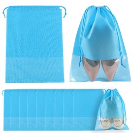 SOFPLATE 10 Pack 14.3 x 10.6 Inch Non Woven Shoe Bag Shoe Storage Pouch with Clear Window Drawstring Blue Dust Proof Cloth Fabric Portable Organizer Bags for Travel Protecting Boots Luggage DIY Holder