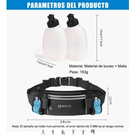 Cangurera Deportiva con 2 botellas de agua (2 x 280 ml),Riñonera reflectante para correr,Bolsa de cintura deportiva ajustable para maratón,Ideal para corredores,ejercicio (Azul)