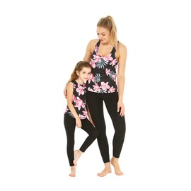 Matchable Mother or Daughter Hawaiian Activewear Set, Girl, Legging, Side Lotus and Orchid Black, XS