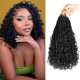 Goddess Box Braids Crochet Hair-14 Inch Boho Braids Crochet Hair Pre Looped 8PK Boho Crochet Braids with Curly Ends Bohemian Crochet Hair for Black Women Synthetic Crochet Box Braids Hair(1B)