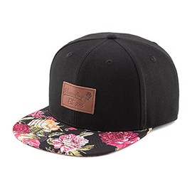 Bloomouflage Black Floral Flat Bill Snapback with Brown Leather Patch