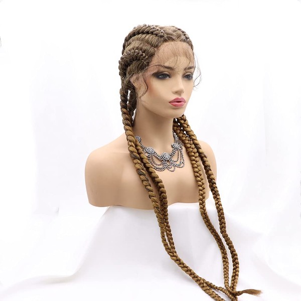 Melody Wig 28"Extra Long 100% Hand Braided 360 Swiss Lace Front Synthetic Braid Wigs With Baby Hair Brown/Blonde Ombre Braiding Hair Twisted Braids Wig