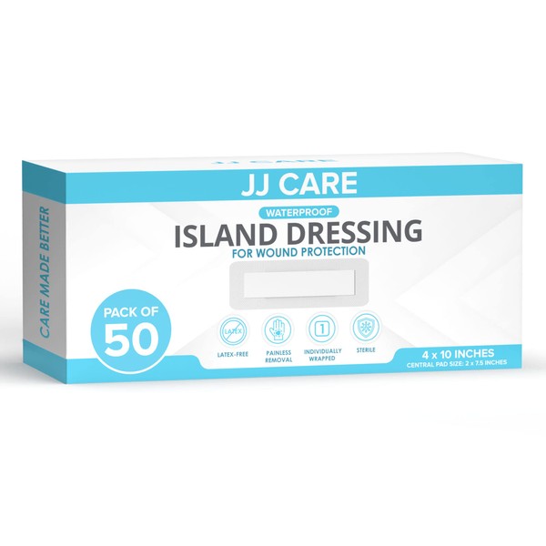 JJ CARE Waterproof Adhesive Island Dressing [Pack of 50], 4" x 10" Sterile Island Wound Dressing, Breathable Bordered Gauze Dressing, Individually Wrapped Latex Free Bandages, Non-Stick Central Pad