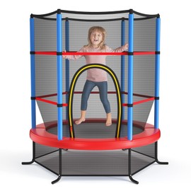 Goplus 55" Trampoline for Kids, 4.6 FT Mini Toddler Trampoline with ASTM Certified, Enclosure Net, Safety Pad, No-Gap Design, Indoor Outdoor Recreational Trampoline for Children (Navy+Red)