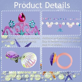 Keenjorika 6pcs Girls Princess Necklace Bracelets Ear Clips Set Mermaid Crown Pendant Colorful Plastic Princess Party Dress Up Pretend Play Christmas Gift
