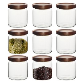 wangsdjy 16oz Glass Airtight Food Storage Jars with Acacia Wood Lid - Kitchen Canisters for Coffee,Tea,Sugar,Spices,Herbs,and Candy - Airtight,Eco-Friendly, and Stylish for Pantry or Countertop (9PCS)