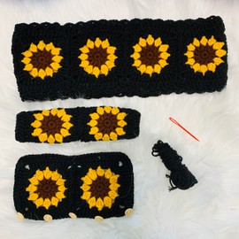OnEternal Handmade Crochet Steering Wheel Cover, Yellow Sunflower Black Flower Seat Belt Cover, Car Interior Accessories Decorations. (Steering Wheel Cover + 2 Seat Belt Cover)