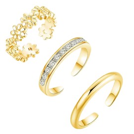 3 PCS Toe Rings for Women, Adjustable Gold Filled Toe Ring, Flowers Diamond Plain Open Toe Rings Set, Non Tarnish Hawaiian Summer Beach Foot Jewelry for Women