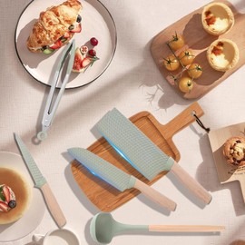 Knife Set, 10 Pieces Professional Kitchen Knife Set with Universal Knife Block, Non-stick Heat Resistan Kitchen Tools and Gadgets with Wooden Handle (Green)