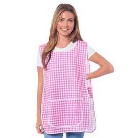 Ladies Check Design With Piping Tabard Apron Overalls Front Pocket Stylish Tabards for Women Casual Aprons for Women to Use in Home Kitchen Restaurants Coffee Shops UK Made (Pink, S)