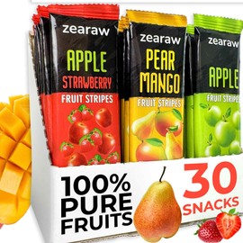 ZEARAW Healthy Fruit Snacks for Adults and Kids – 30 Organic Fruit Leather with Dried Apple, Apple-Strawberry, Pear-Mango – Vegan Low-Carb Variety Pack Strips for Kids – Sugar Free Bars
