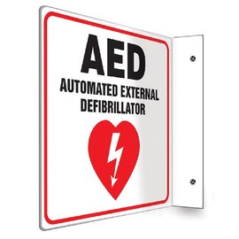 AccuformNMC "AED Automated External Difibrillator" 90D Projection Sign, 8" x 8" High-Impact Plastic, Red/Black on White, PSP721, American Made Safety Tags, Signs, and Labels