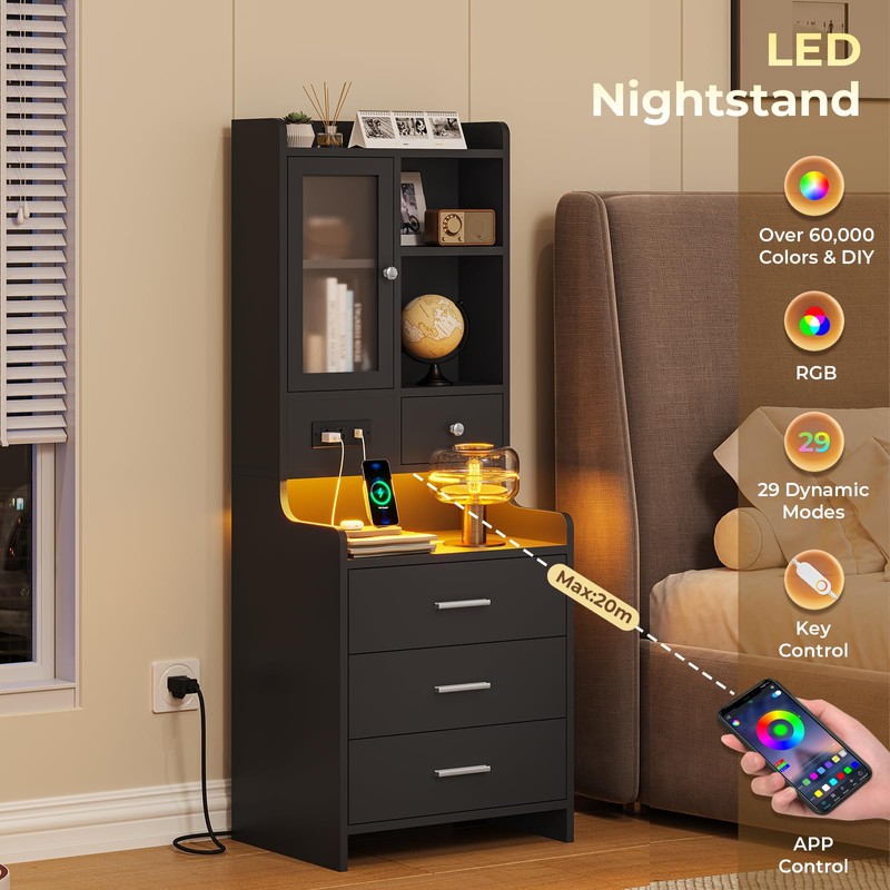 ADORNEVE Tall Night Stand with Charging Station and LED Lights,49.2"