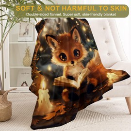 ainori Cute Reading Fox Flannel Blanket - Book and Candlelight Throw,Whimsical Gifts for Kids & Animal Lovers, Ultra Soft & Warm,Lightweight, for Couch Bedroom Living Room Decor & Travel 50x60in