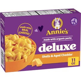 Annie's Deluxe Shells and Aged Cheddar, Pasta and Cheese Sauce, Mac and Cheese Made with Organic Pasta, Dinner Side or Snacks, 11 oz (Pack of 12)