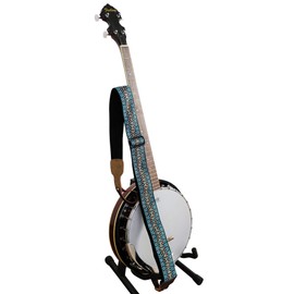MUSIC FIRST Original Design, 2 inch width (5cm), Colorful Meshbelt & Genuine Leather Delux Banjo Strap, With 2 pieces of MUSIC FIRST Leather Strap Locker. (Blue Country Style)