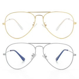 Gleyemor Classic Aviator Blue Light Glasses for Women Men, Metal Frame Clear Lens Glasses (Gold + Silver)