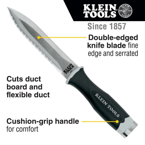 Klein Tools DK06 Knife, Serrated Stainless Steel Bladed Duct Knife for Flexible Duct and Duct Board in Sheath