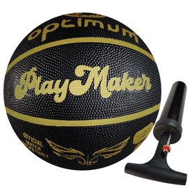 Optimum Play Maker Basketball - Quality Korean Rubber Balanced Weight - Great Flight and Accuracy - Suitable for Kids, Great for Hours of Basketball Game - Black/Gold - Size 7 with Pump