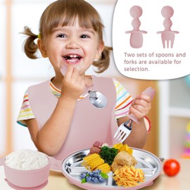 7 Pieces 304 Stainless Steel Baby & Toddler Feeding Set - Suction Divided Plates, Bowls, Silicone & Stainless Spoon Fork,Pocket Bib Unbreakable, Dishwasher Safe Kids Dinnerware Essentials (Pink)