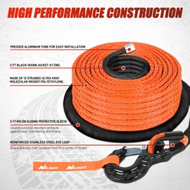 Nilight Synthetic Winch Rope Kit 3/8" X 92' 25000 lb with Black Jacket Rope Protective Sleeve Forged 35000lb Winch Hook Safety Strap Winch Cable Line for OffRoad Vehicle Recovery Truck SUV ATV, Orange