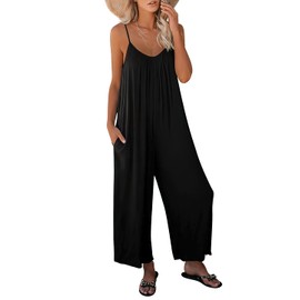 ANRABESS Women Summer Casual Sleeveless Spaghetti Strap Boho Wide Leg Jumpsuits Rompers Dressy 2024 Trendy Outfits Clothes Black Small